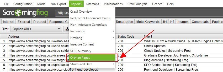 خروجی گرفتن از صفحات یتیم از طریق «Reports > Orphan Pages»