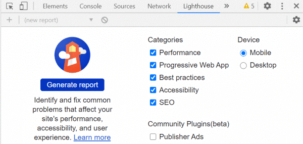 generate report در lighthouse