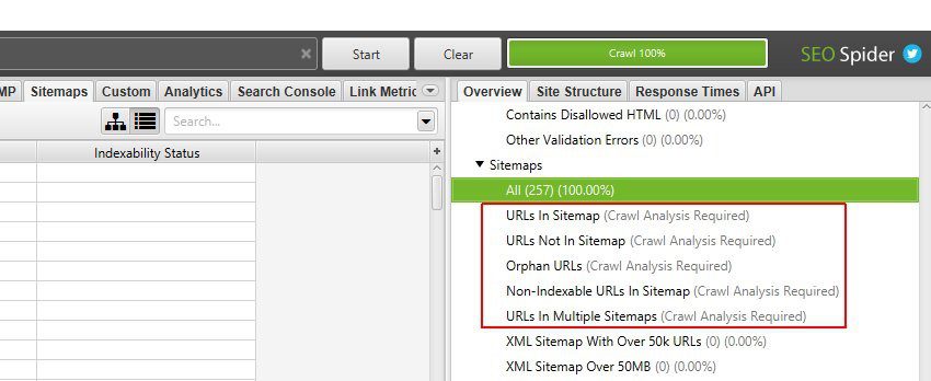 برای پر کردن فیلترهای URL یتیم روی «Crawl Analysis> Start» کلیک کنید