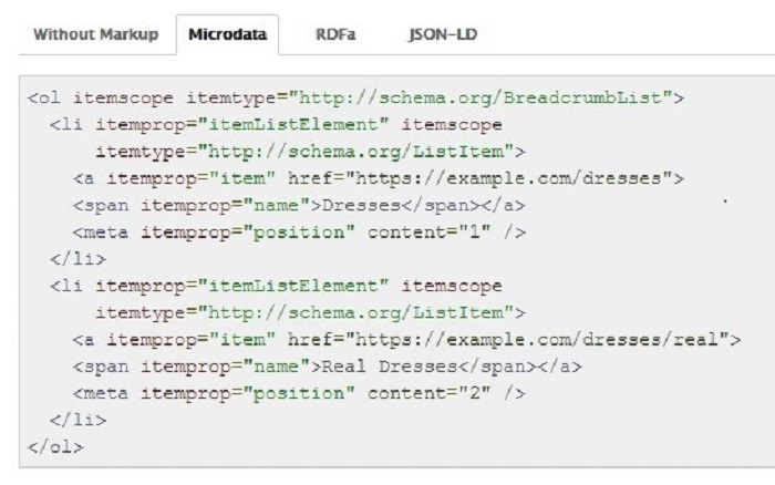 نمونه کدهای اسکیمای Breadcrumb اضافه شده به روش Microdata