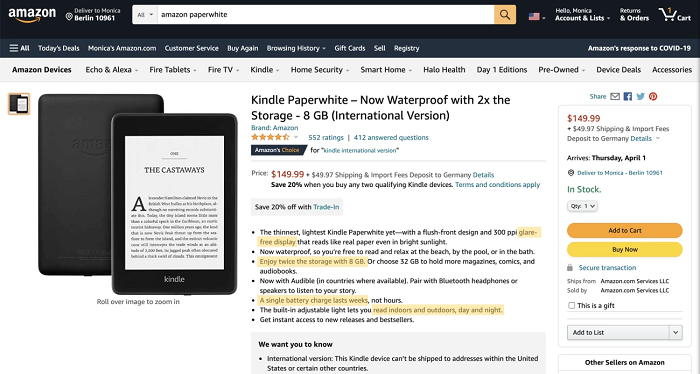 صفحه فروش آمازون برای Kindle Paperwhite