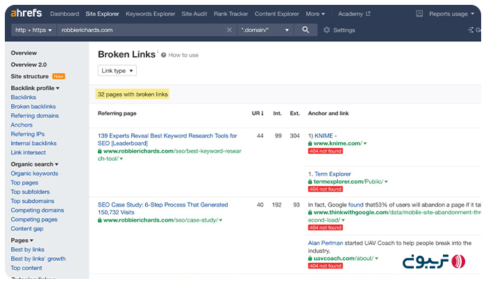 بررسی بک لینک‌های شکسته سایت با ابزار AHREFS